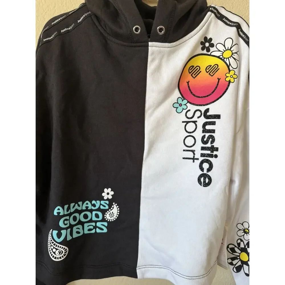 Justice Black White Glitter Logo Daisy Happy Face Pullover Hoodie Size L 12/14